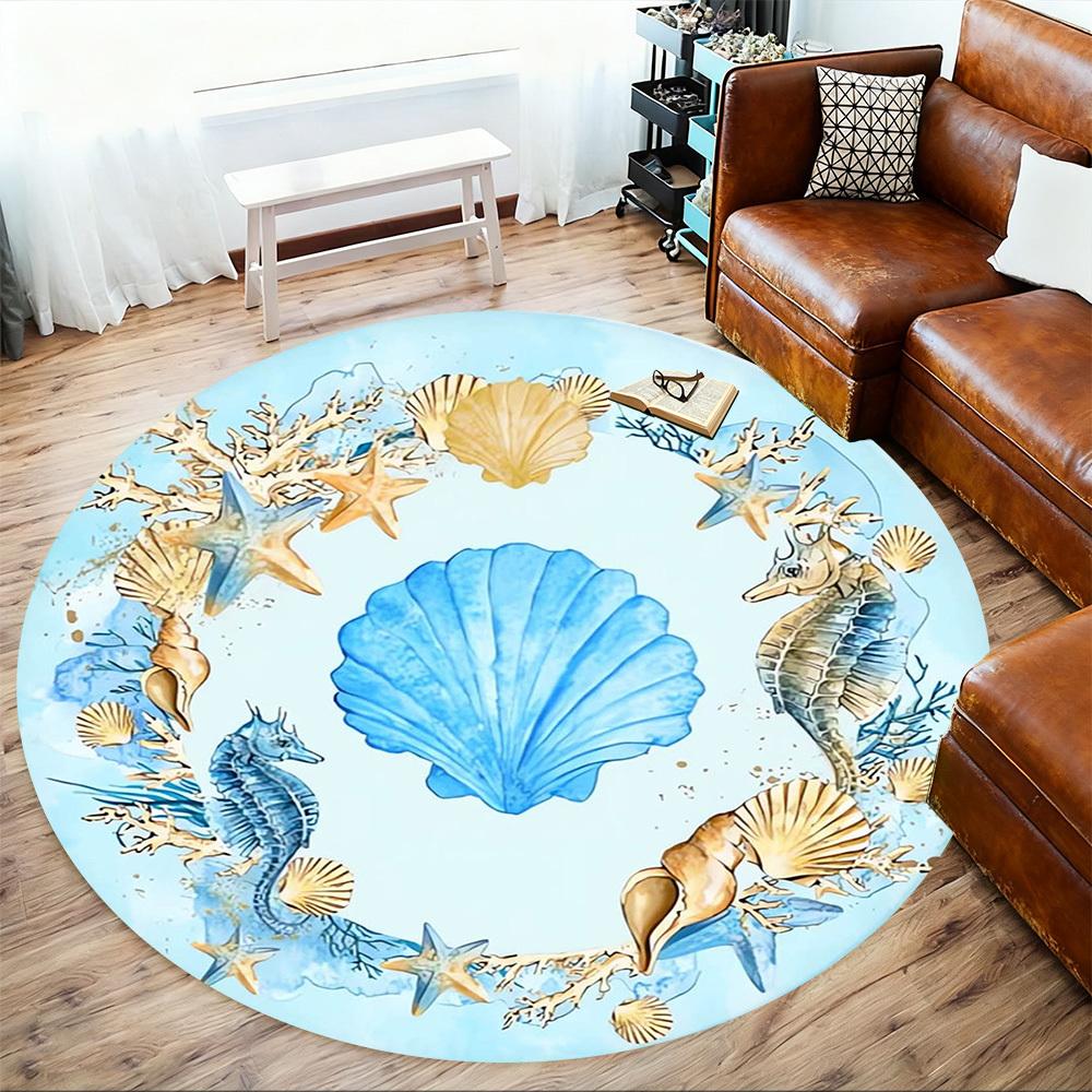 1pc Seashells, Oceanic Round Chair mat Area Rug - Non-Slip, Floor Mat for Office, Bedroom, home decor Christmas Gift p0811070