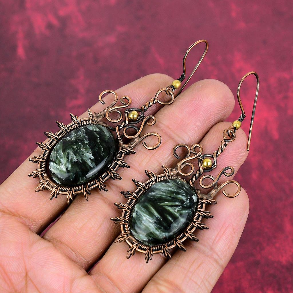 Brincos de pedra serafinita brincos com arame de cobre enrolado brinco delicado feito à mão joias de arame de cobre brinco longo incrível presente de aniversárioS