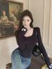 Women's Slim-Fit Velvet Shoulder T-Shirt - Autumn/Winter Long-Sleeve Chic Top
