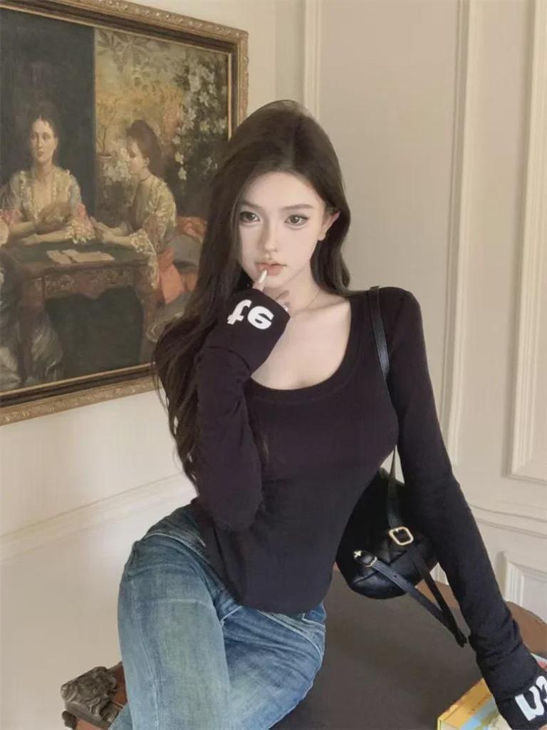 Women's Slim-Fit Velvet Shoulder T-Shirt - Autumn/Winter Long-Sleeve Chic Top