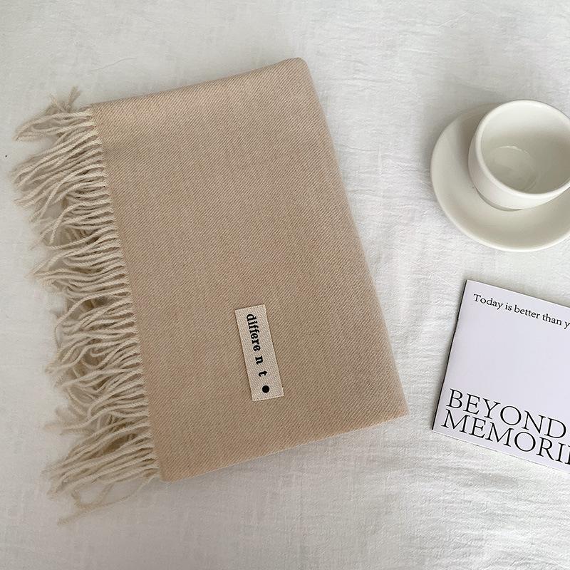 Flowing Fringe, Color-blocked, Simple Design, Faux Cashmere-like Scarf, Winter-thick, Cape-style, Student-friendly, Solid Color.