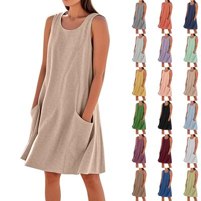 Sommerkleider für Damen, lockerer Strandurlaub, lässig, ärmellos, Sommerkleider mit Taschen, Tankkleid