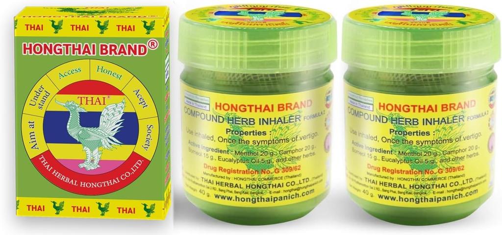 Hong Thai – Thai Herbal Inhalant 10g – Set of 2 Jars – Natural Menthol Formula – Traditional Thai Remedy for Congestion Relief