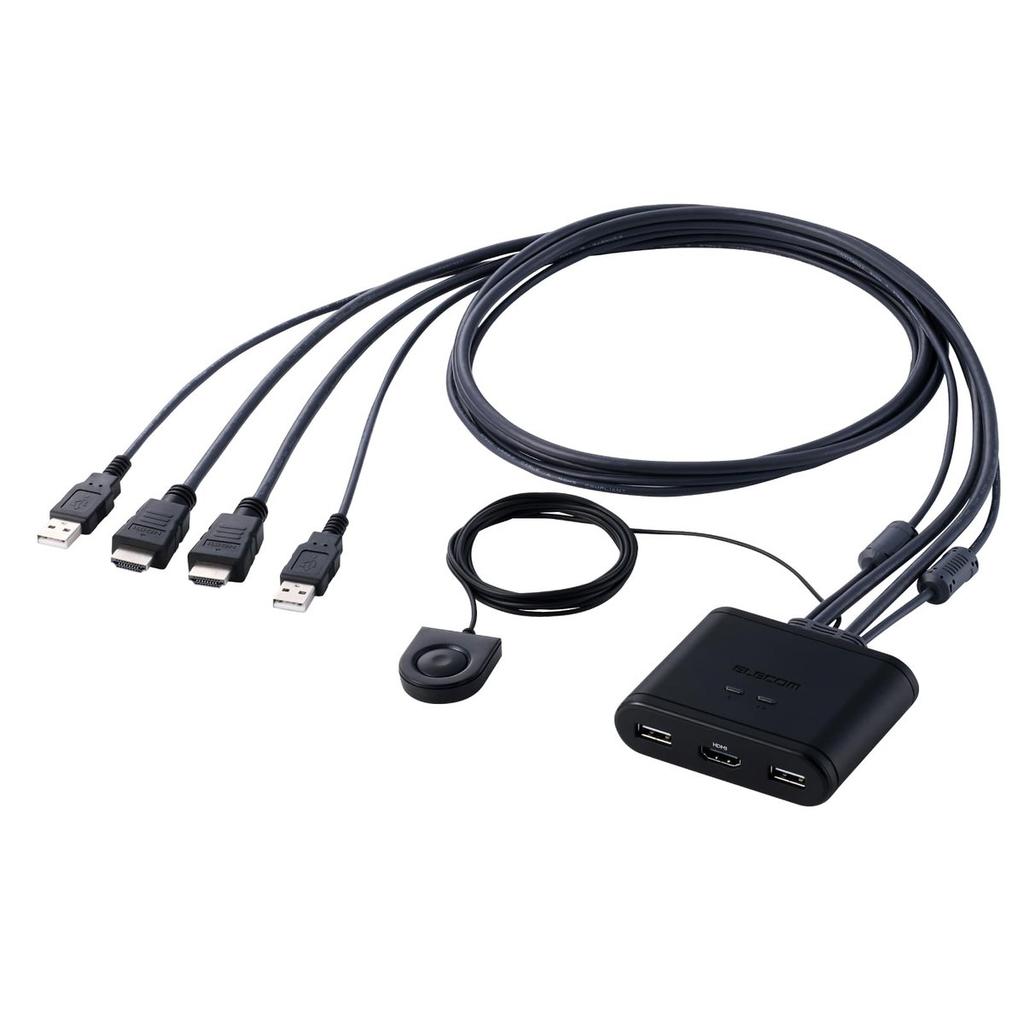 ELECOM KVM Switch 2 PC Share HDMI USB 2.0 WUXGA 1920x1200 with Remote Switch Cable HDCP Bus Powered Black KVM-KHUSN2