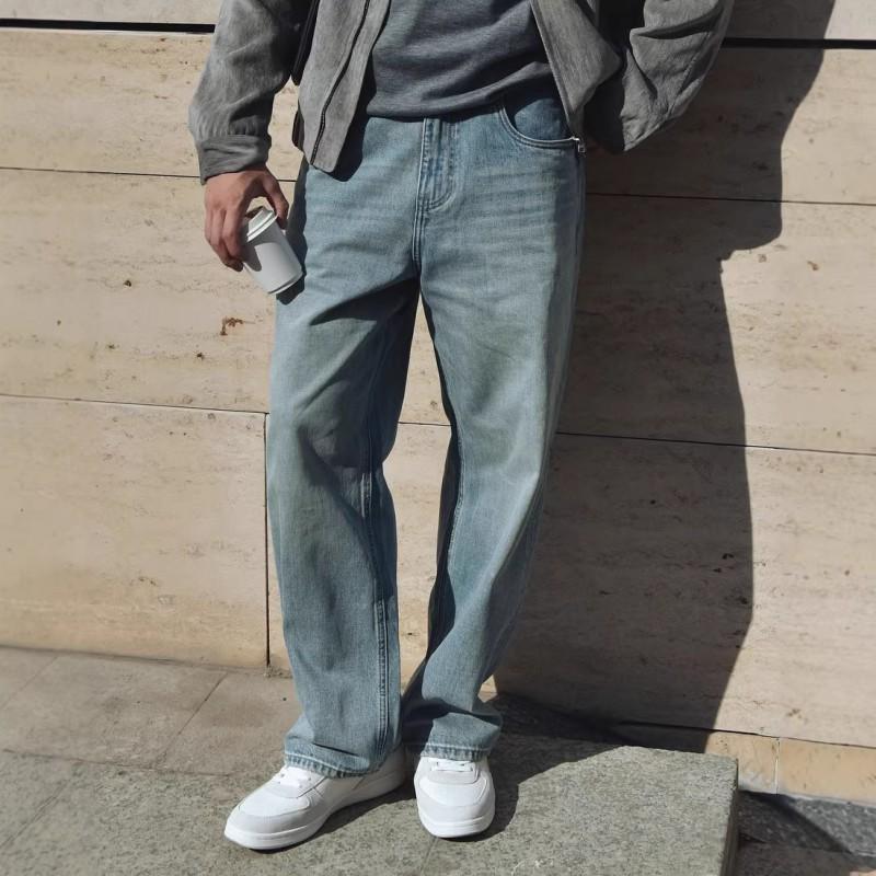 Mens Straight Leg Jeans High Street Style Loose Fit Stone Wash Casual Denim Pants Youth