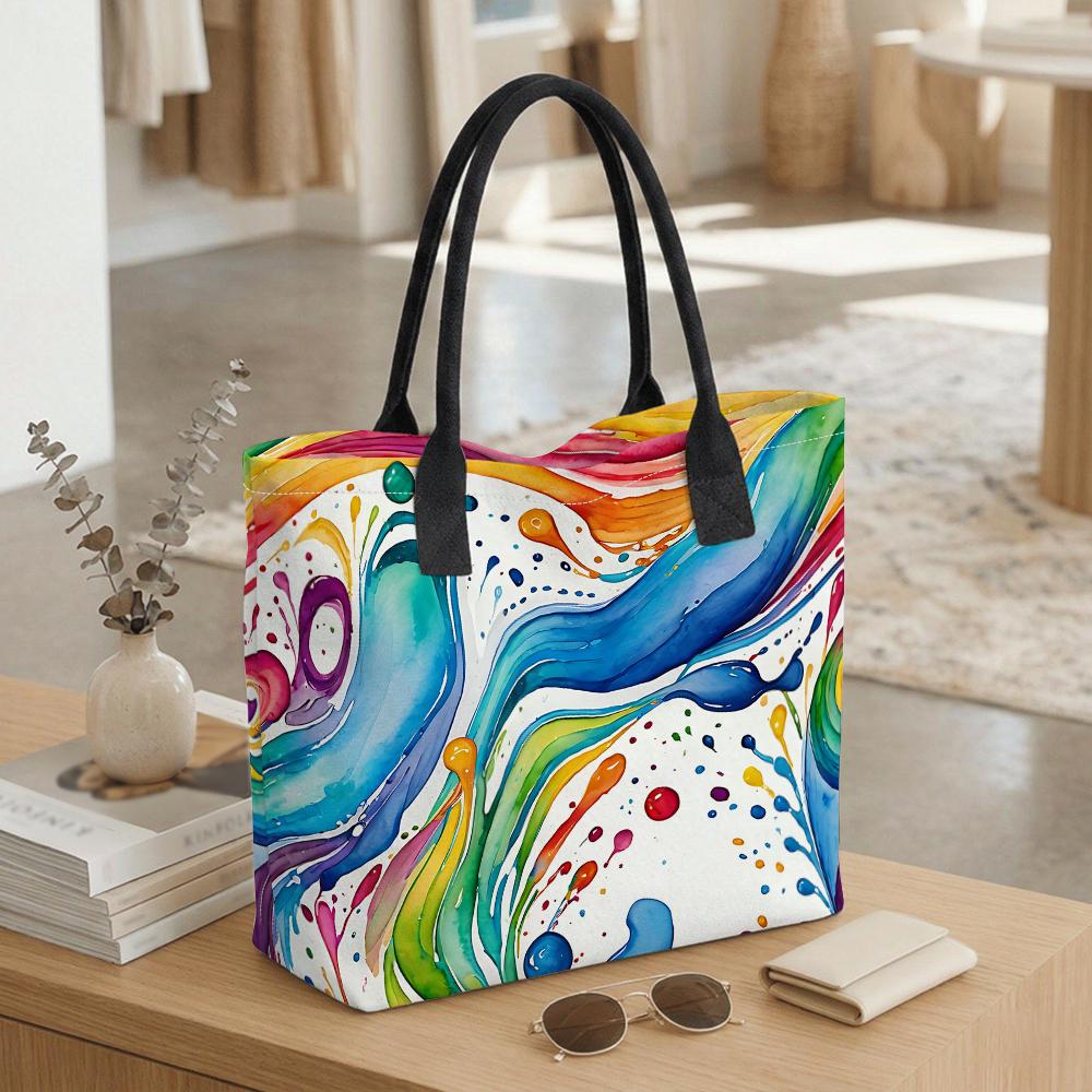  Colorful Watercolor Print Tote Bag Large Capacity Daily Shoulder Handbag for Women