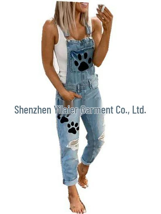 Hochwertiger bedruckter Damen-Latzhose mit Rissen, geradem Bein - Europäischer & Amerikanischer Stil