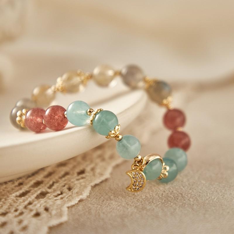 Natural Crystal Aquamarine Bracelet Female Strawberry Crystal Golden Hair Crystal Gray Moonstone Bead Beaded Bracelet