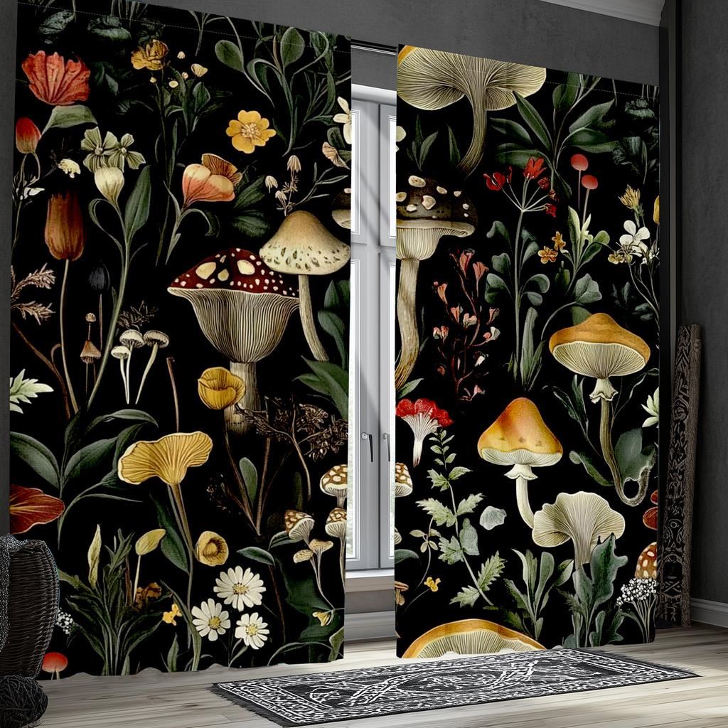 2pcs Classic Polyester Mushroom and Moth Curtains   Retro Forest Pattern Drapes for Bedroom   52x84 Inches   Nature-Inspired Home D