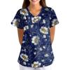 Women's Floral Print Loose Fit V Neck Short Sleeve Medical Scrub Top with Pockets for Healthcare Professionals Comfortable Workwear