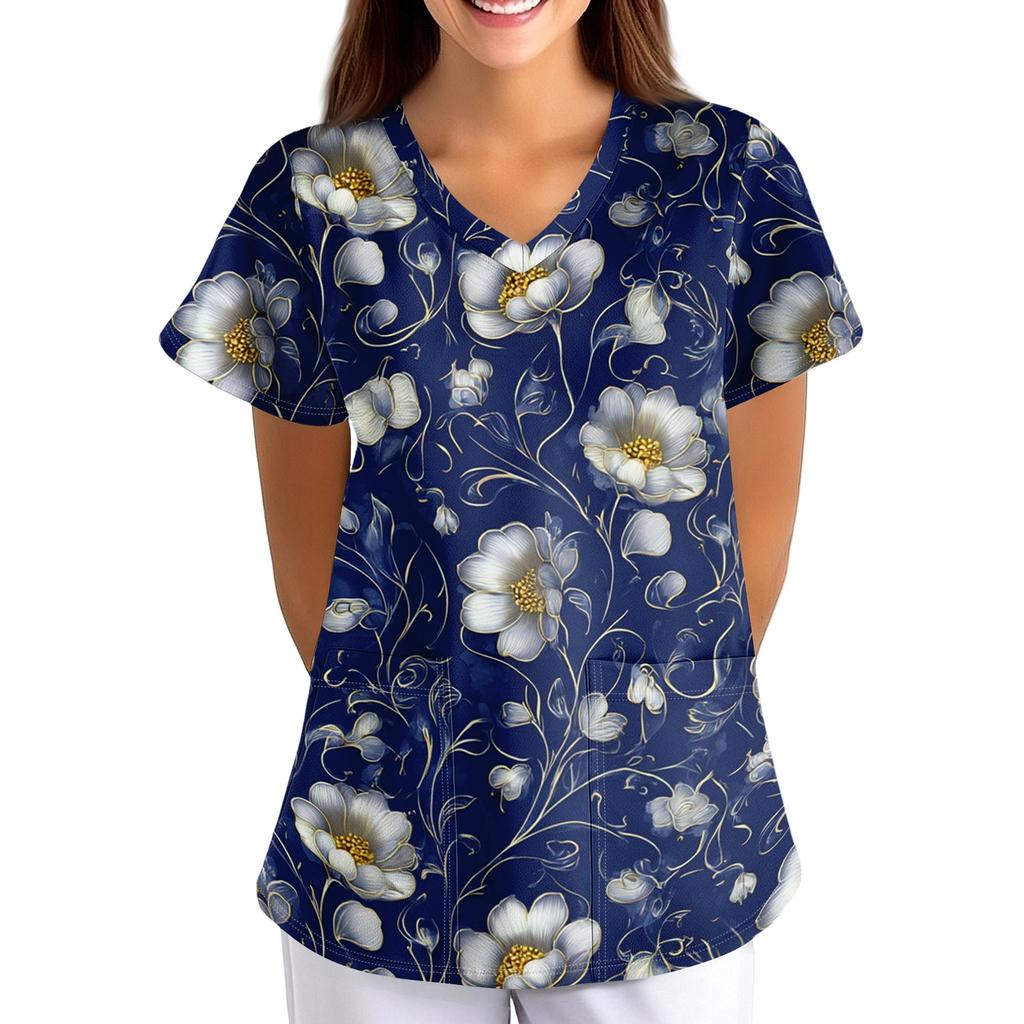 Women's Floral Print Loose Fit V Neck Short Sleeve Medical Scrub Top with Pockets for Healthcare Professionals Comfortable Workwear