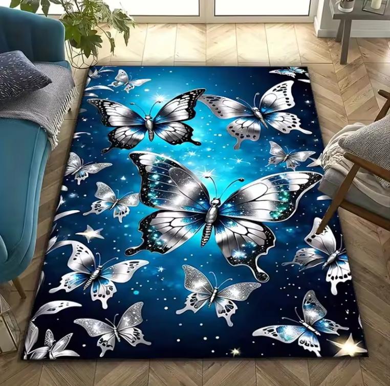 Living Room Rug Deep Blue Butterfly Diamond Luxury Theme Carpet Non-Slip Easy Clean Blue Tone Luxury Romantic  Home Decor Mat