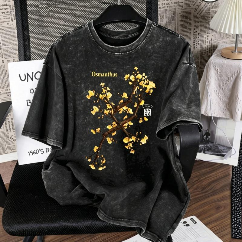 

Vintage Washed Floral Print Tshirt Cherry Peach Blossom Osmanthus Winter Jasmine Casual Streetwear Tee S