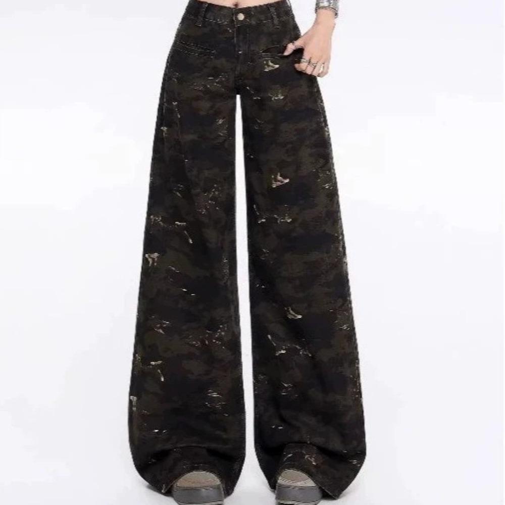 Women s High Waist Camouflage Wide Leg Jeans Loose Straight Leg Denim Pants Streetwear Trousers S