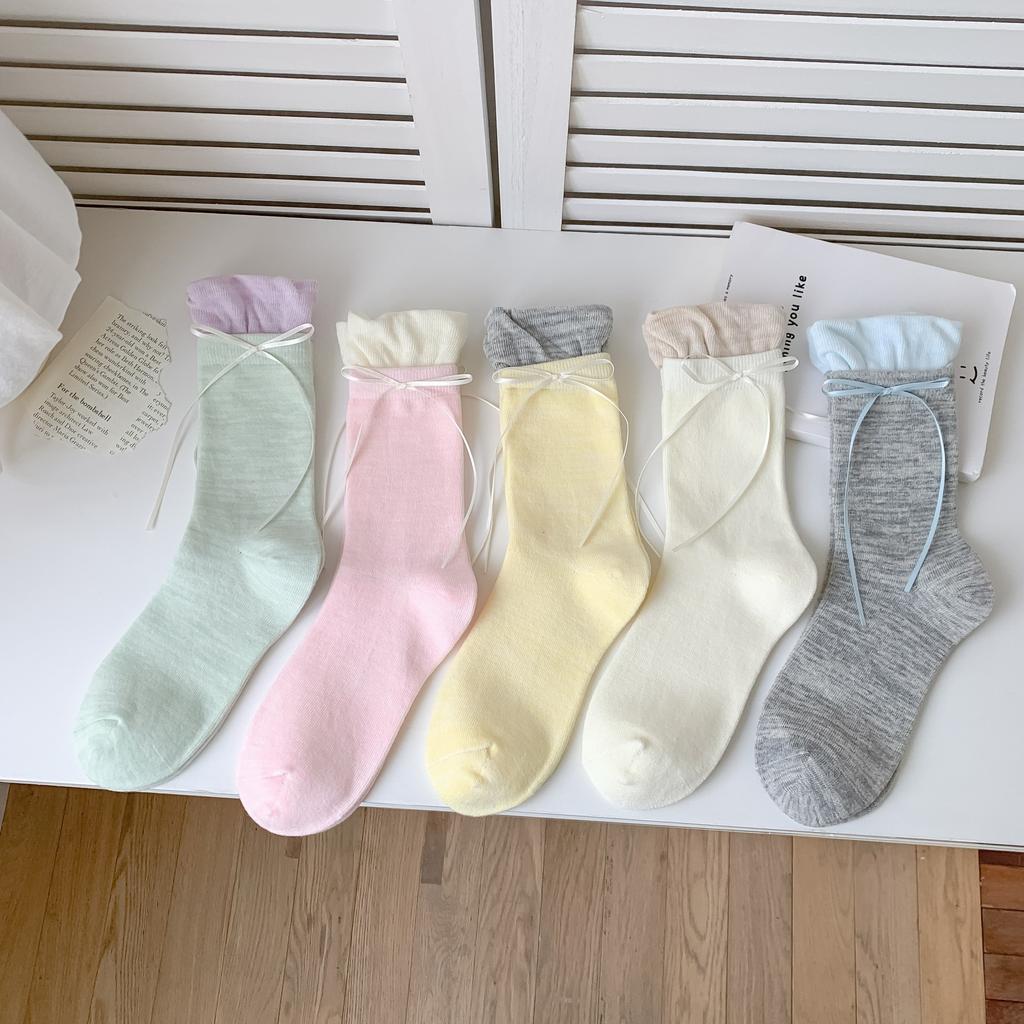 Stacked Socks Children's Bud Medium Tube Women's Socks Bow Cute Small White Leather Shoes Medium Long Socks