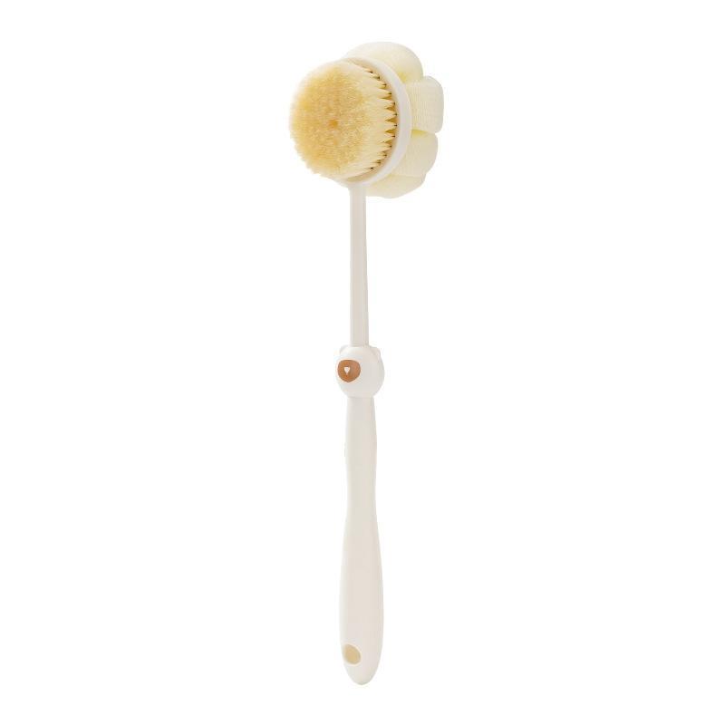 2 In 1 Long Handle Exfoliating Bath Brush Soft Bristles Loofah Puff Back Scrubber for Home Shower Body Cleaning