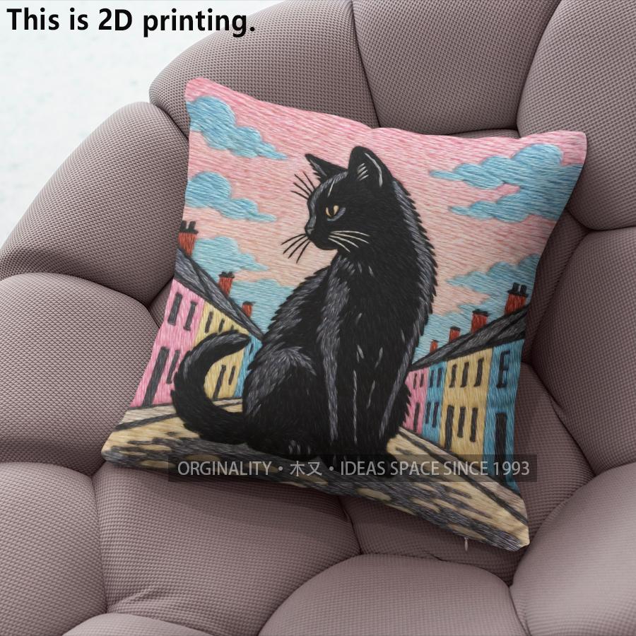Black Cat Town Scene Throw Pillow Covers Pattern Cushion Cover Suitable For Sofa Bedroom Car Pillow Cover