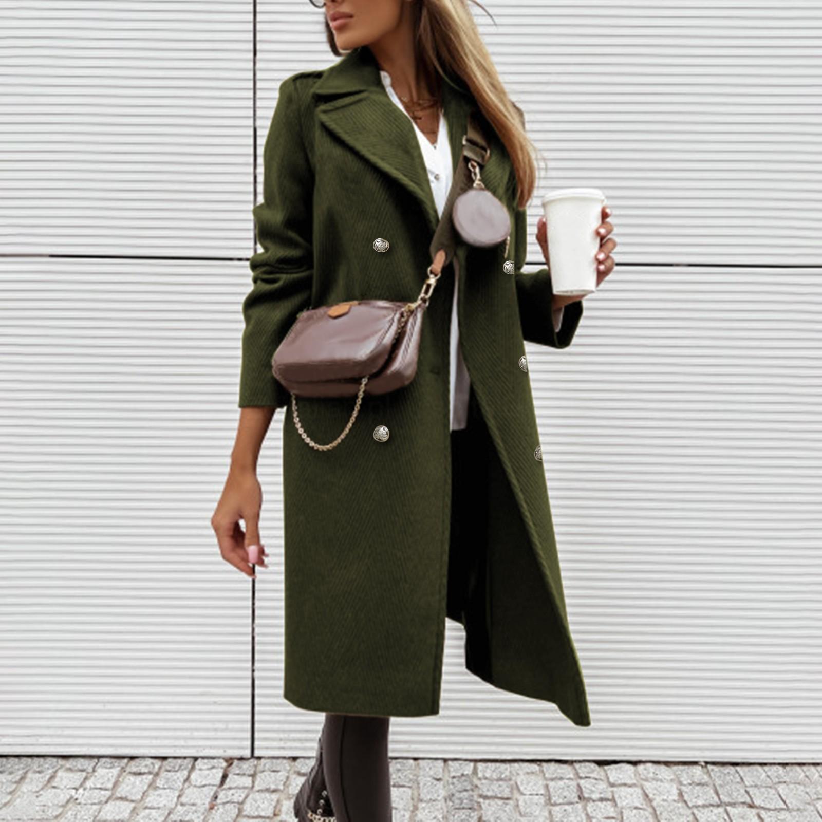 Women s Mid-Length Wool Blend Coat Double Breasted Long Sleeve Tailored Fit Decorative Pockets No Functional Pockets Outerwear M