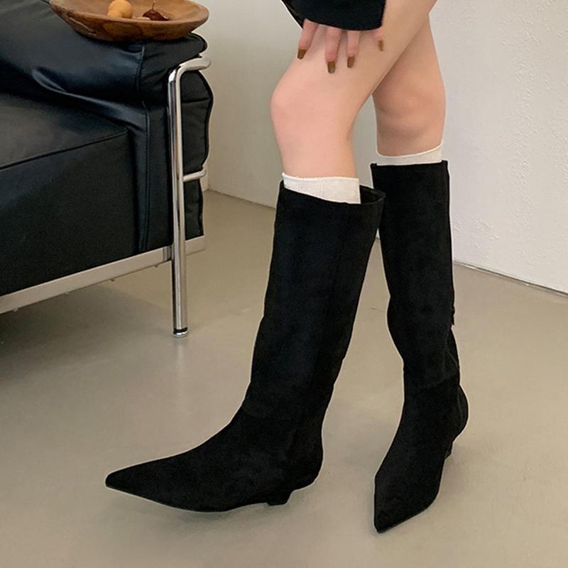 Mode Liyke Designer Frau Niedrige Keilabsätze Mode Stiefel Vintage Spitzschuh Kniehoch Schuhe Damen Party Tanz Lange Stiefeletten Größe 40