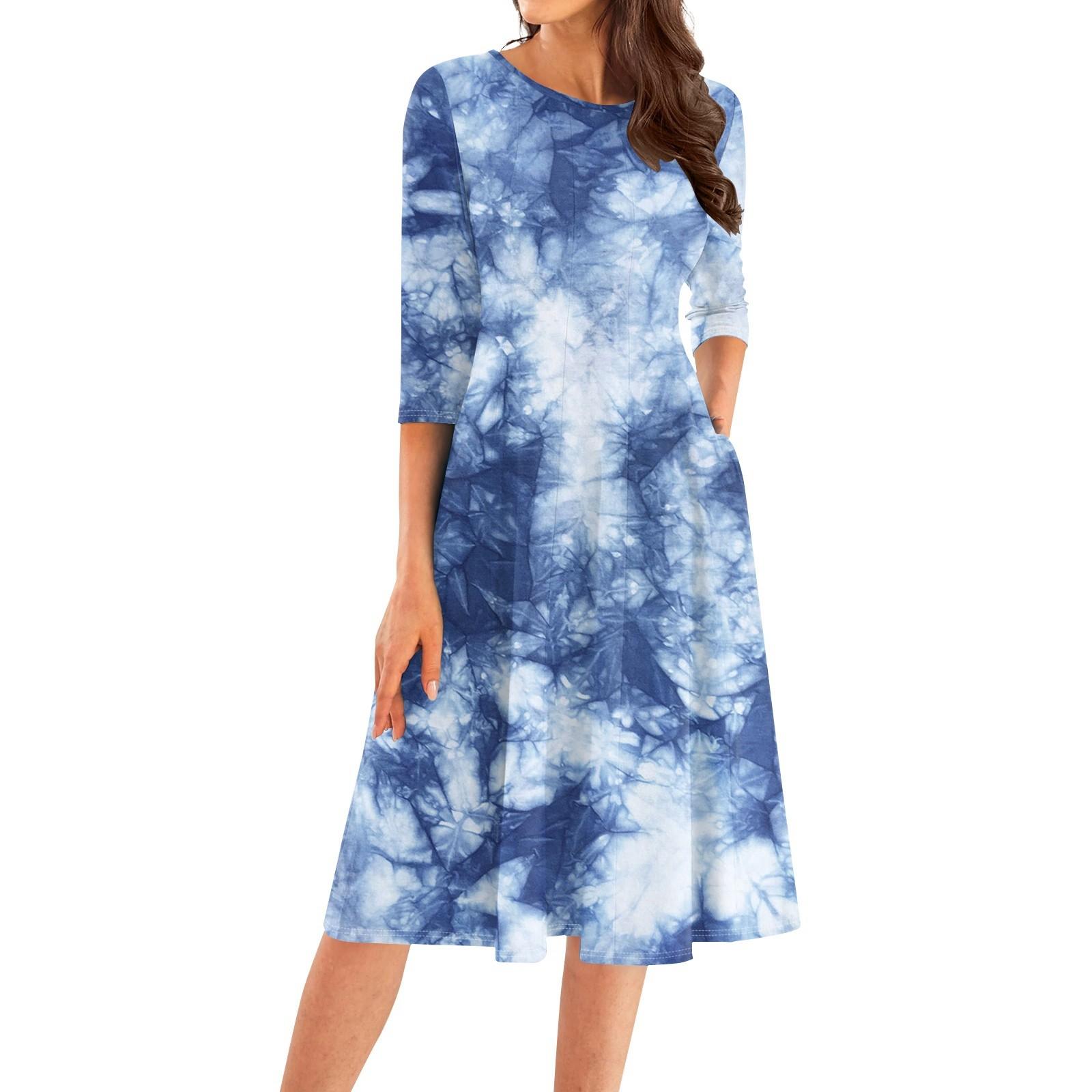 

Женское повседневное модное платье миди с круглым вырезом и рукавом три четверти XL синий