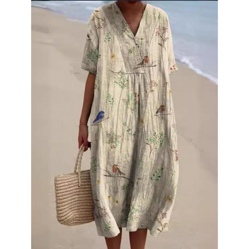 Damen Blumenmuster V-Ausschnitt Maxikleid Boho Kurze Ärmel Locker Strand Sommerkleid