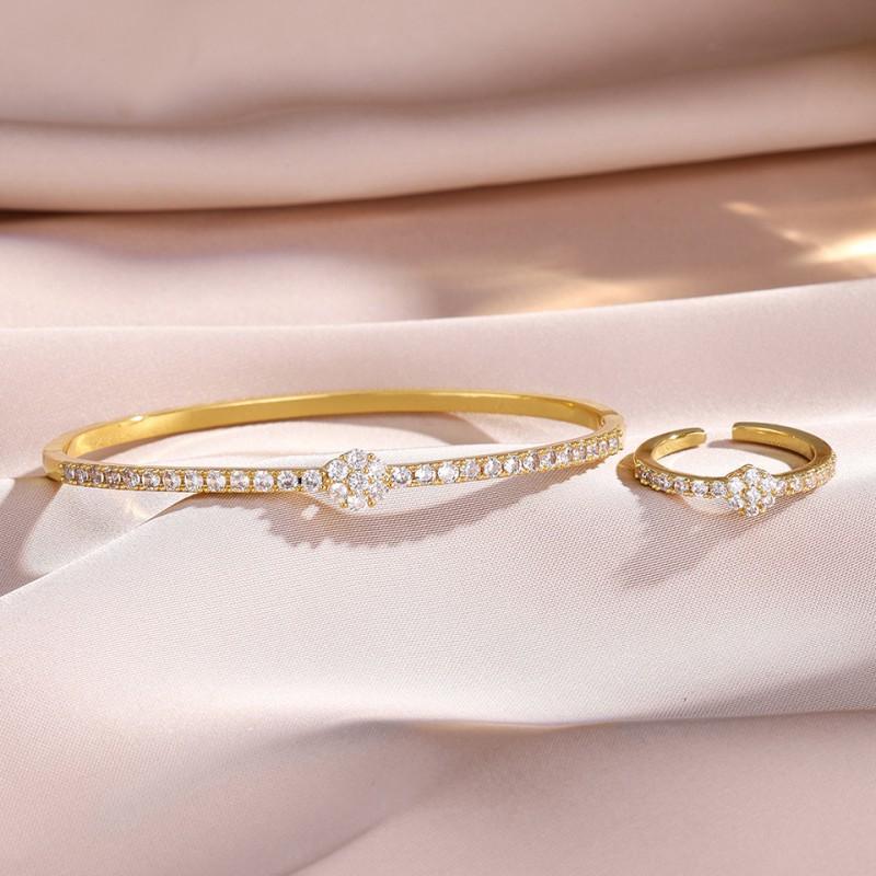 Elegant Four-Leaf Clover Zirconia Bracelet Ring Set Women Open Design Gold/White Gold Plated Copper Jewelry