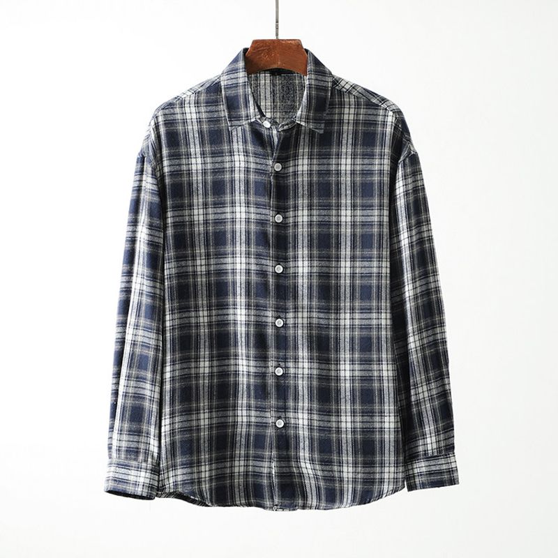 American vintage Washed Sanding Plaid Shirts Men's Long sleeve Spring and Autumn Stacked Outerwear Foreign Trade Men's Casual Shirt