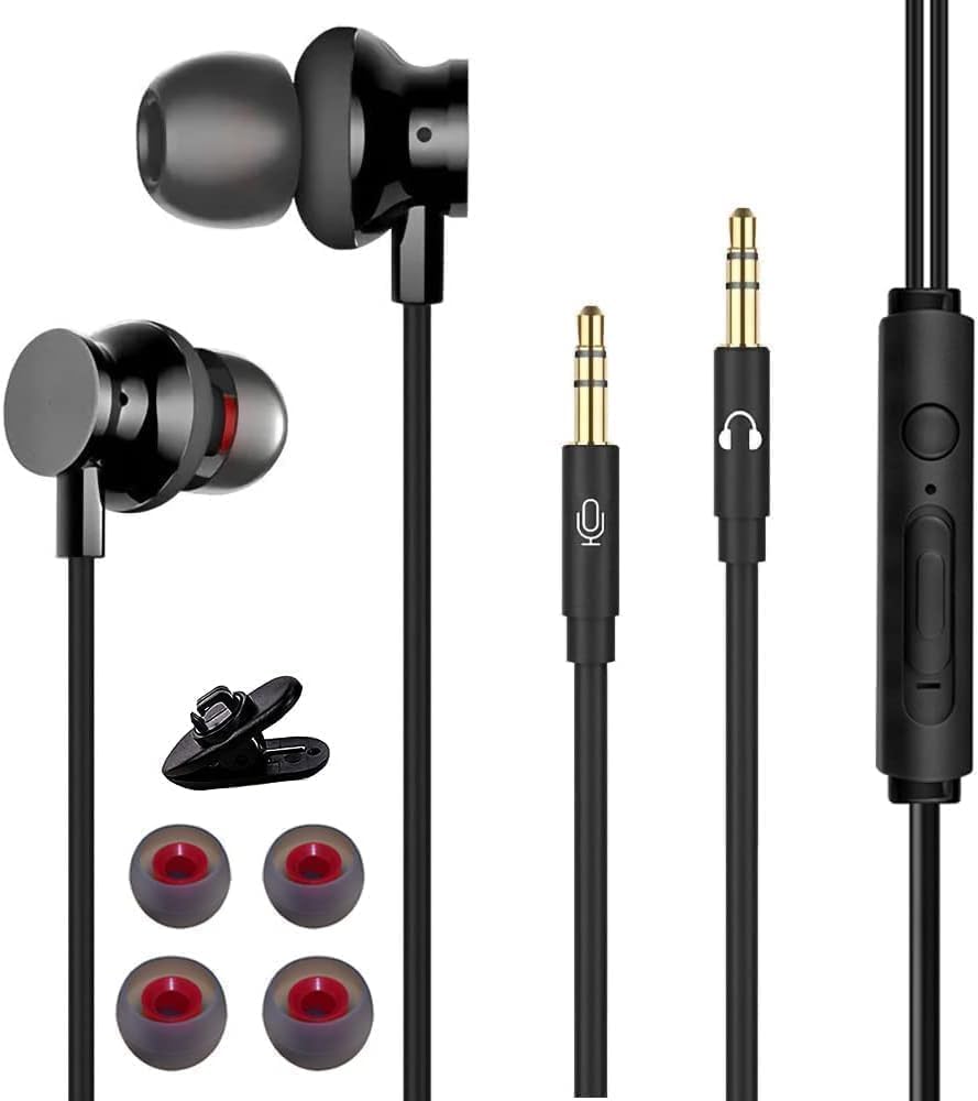 Wired earphones with a 3m long cable and microphone, featuring separate speaker and microphone plugs, suitable for TV, PC gaming, and recording.
