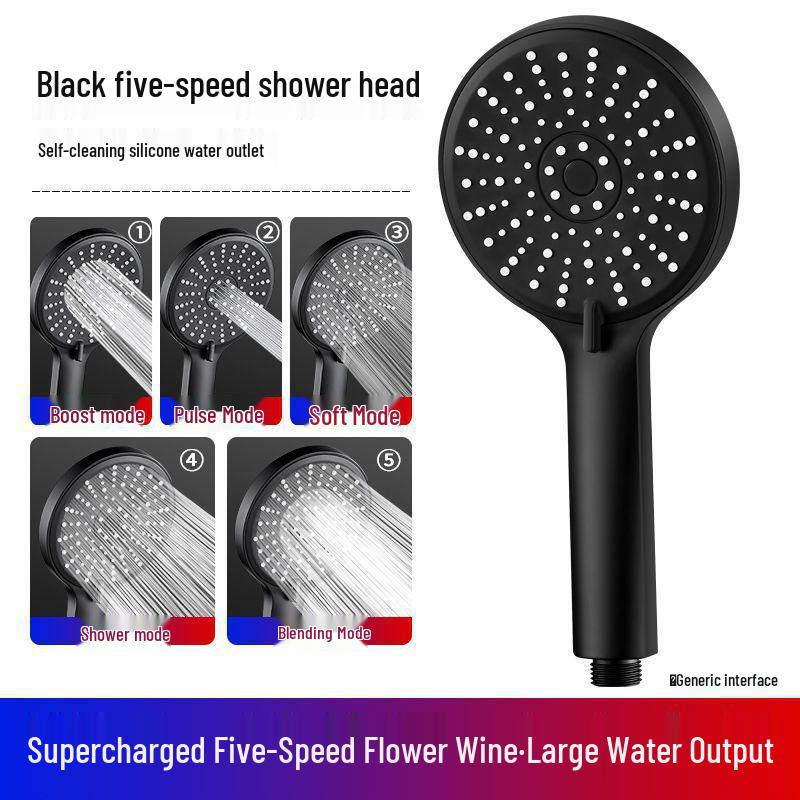 Black Lotus High-Pressure Shower Head with Five Functions and Large Panel
