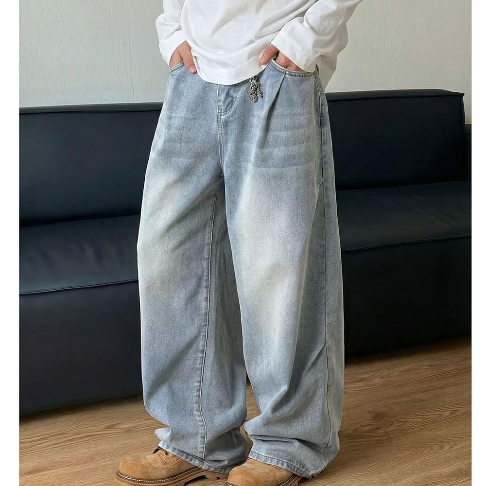 WUXZHI Denim Pants for Men: Wide Leg Jeans, Loose Fit, Baggy Pants, Black, Street Style, Straight