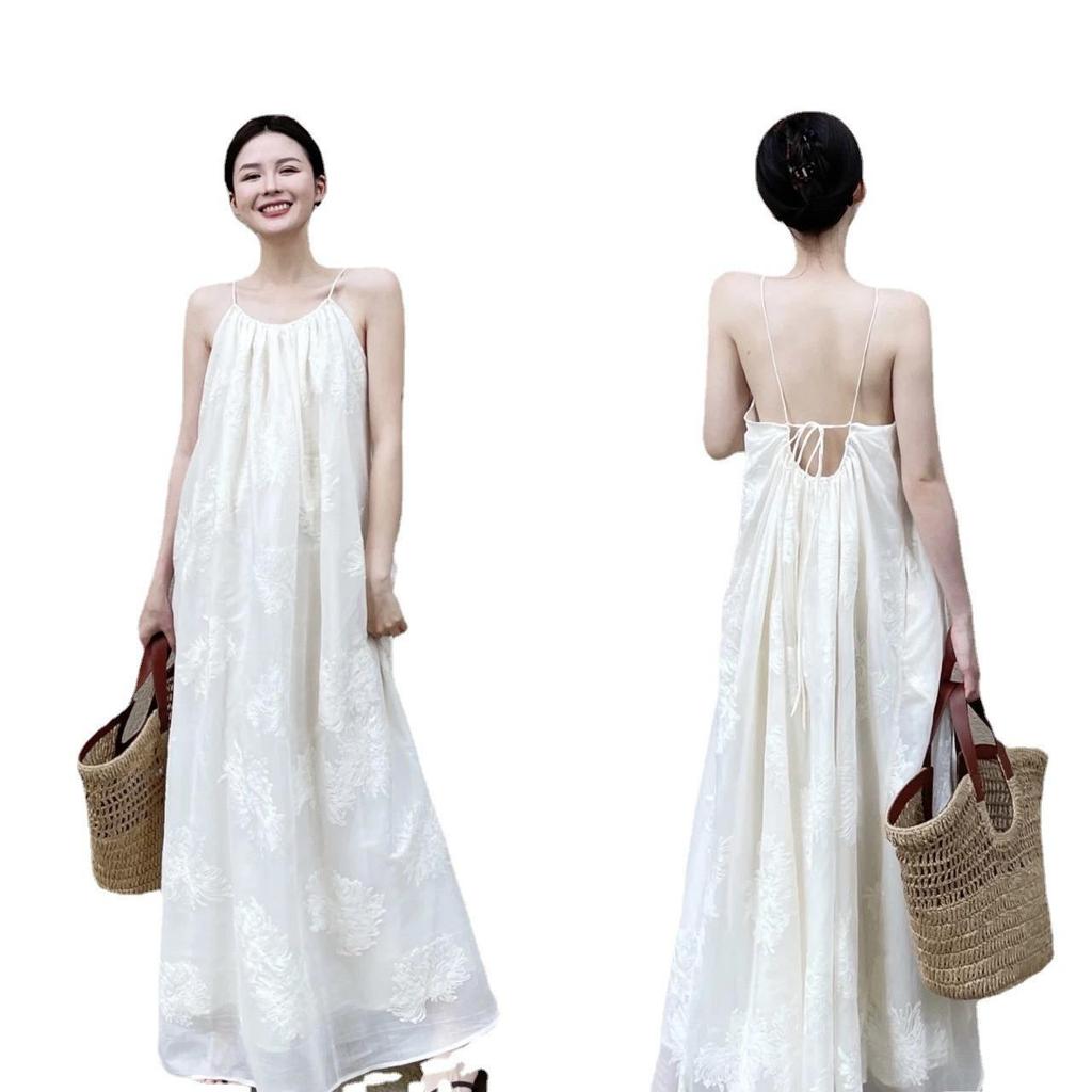 Elegant 3D Embroidered Ramie Suspender Dress - New Chinese Style