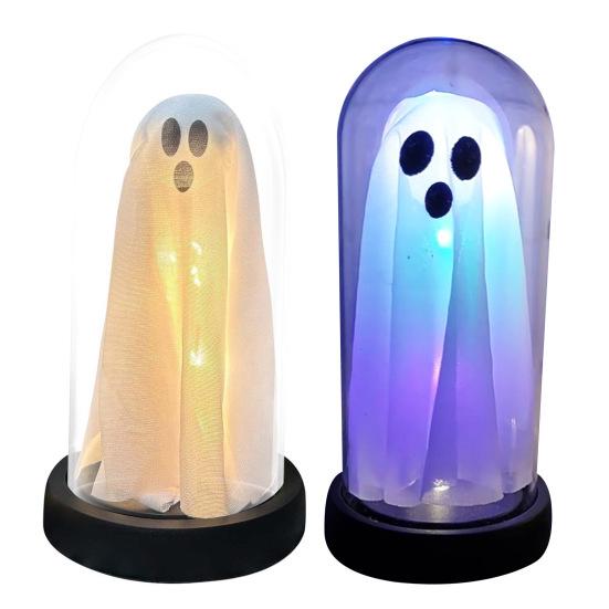 LED Ghost Decoration Halloween Indoor Light Up Ghost in Glass Cloche for Home Kitchen Mantel Tabletop Decor