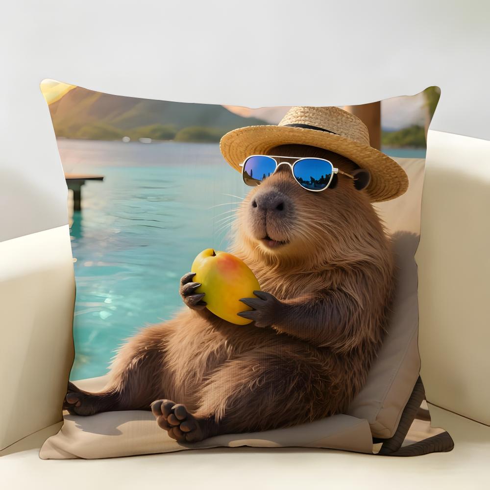 Cute Anime Capybara Cushion Cover Natural Linen Organic Fabric Double-Sided Printing Breathable Perfect For Home Decor