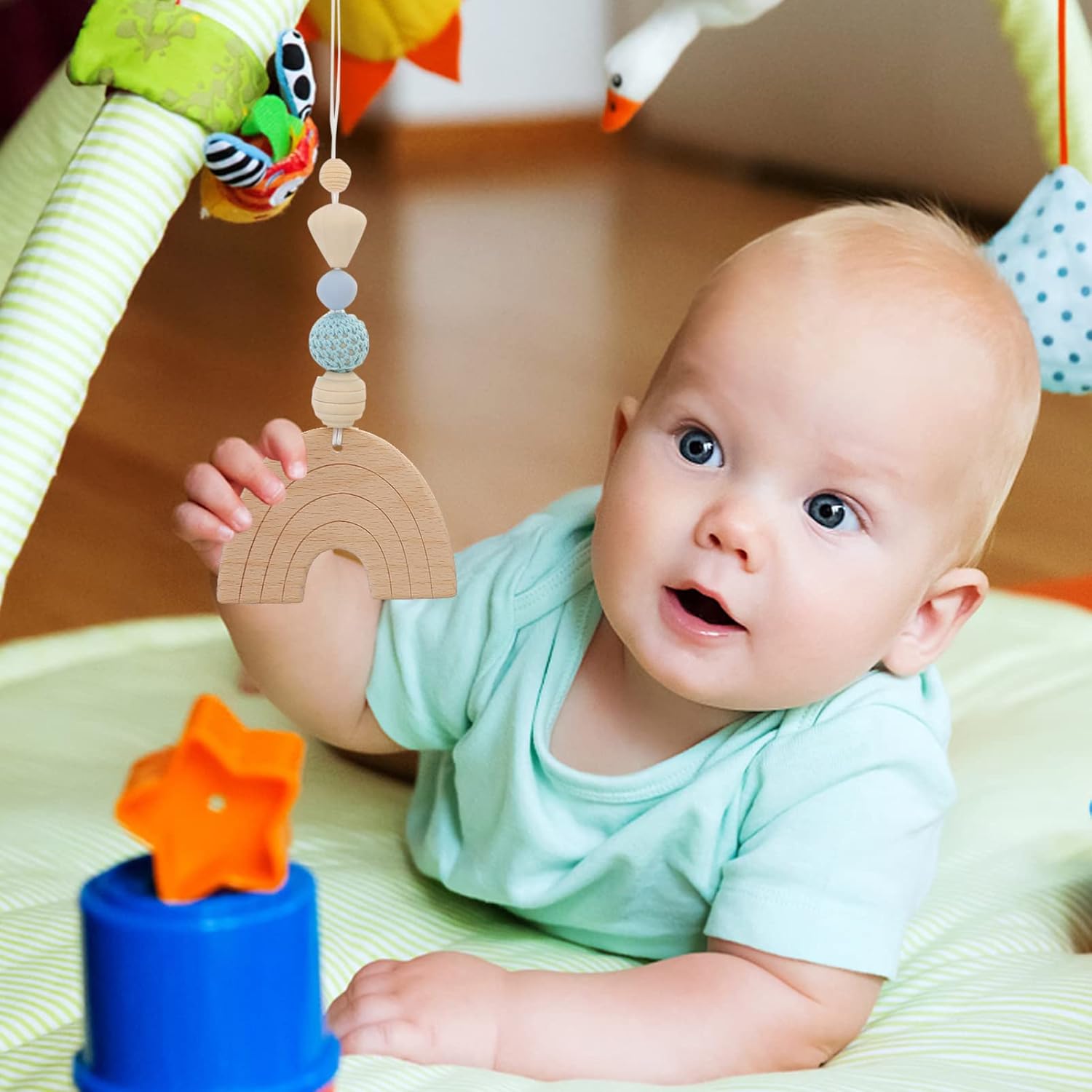 Teething Rings 4Pcs Baby Gym Wood Toys Wooden Hanging Toy Wood Activity Pendant Hanging Toy Dangling Teething Soother Sensory Toys Nursery Decor