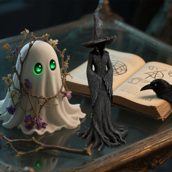 Halloween Tree Root Witch Statue Spooky Black Witch Figurine Resin Sculpture Home Office Holiday Party Decoration Ornament