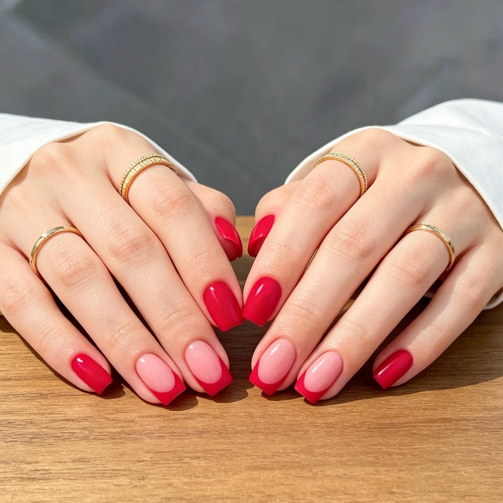 Short Nail Patch Wearing Nail French Carmine Fake Nail Finished Nail Patch Wearing Nail Yellow jelly glue *5pcs