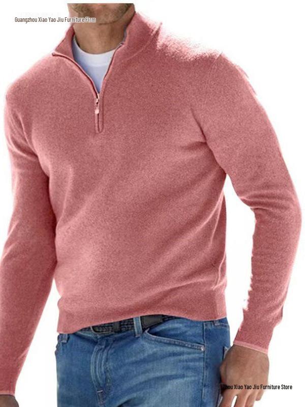 New Men's Autumn V-Neck Long Sleeve Plush Zipper Casual Polo Shirt