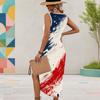 Women Plus Size Sleeveless U Neck Firework Printed Navy Blue Dress High Side Slit Curved Hem