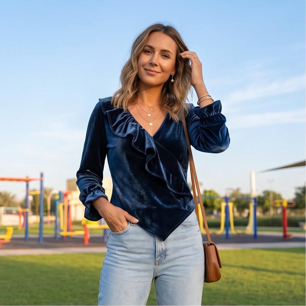 Women's Casual Fashion Velvet V-Neck Ruffle Blouse Top for Everyday and Wear