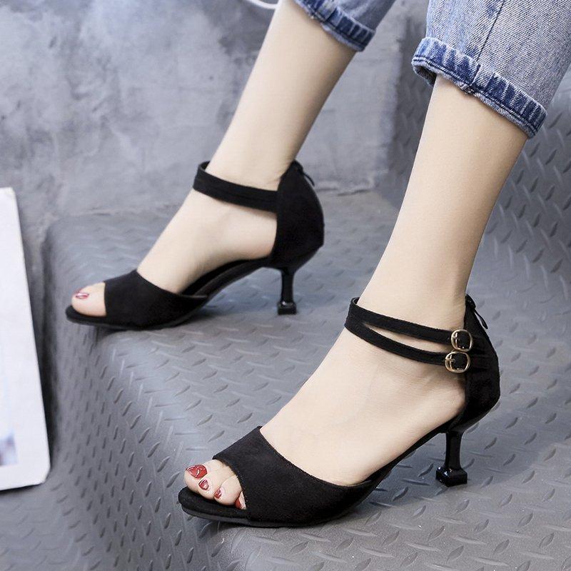 Fashion 2025 Sandals Ladies Shoes Summer Women's Heels Buckle Suit Female Beige All-Match New Girls Black Stiletto Velvet Fashion Spring