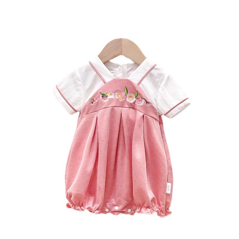 Newborn Baby Girl Embroidered Hanfu Romper - Cute Chinese Style Short Sleeve Summer Bodysuit for Outings