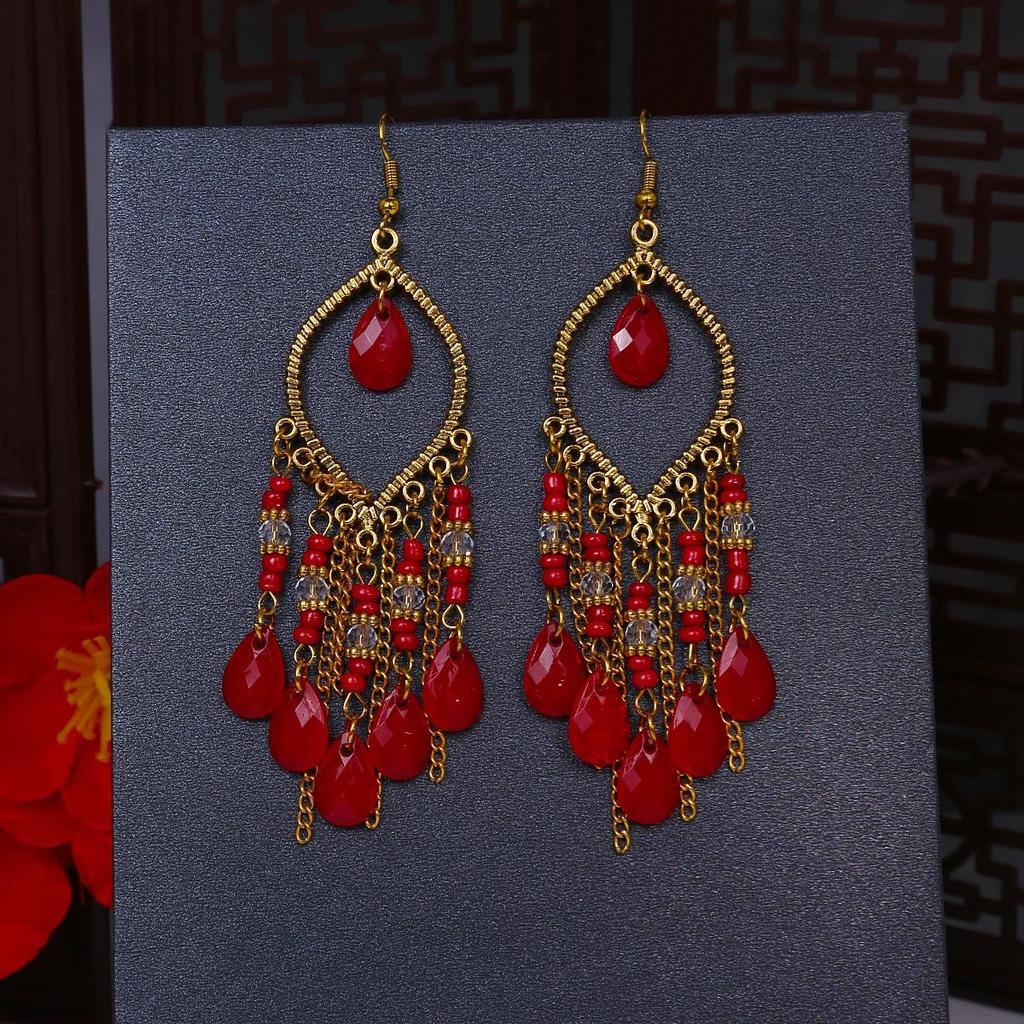 Brincos Boêmios de Borla Gota de Água: Estilo Étnico Retrô com Miçangas de Arroz Coloridas para Mulheres