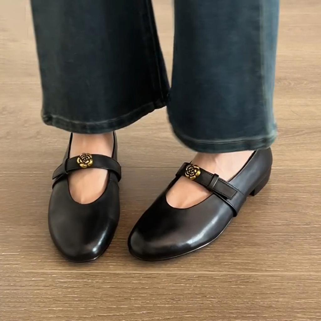 Sheepskin version~ Retro one-word small single shoes with round head women's British style camellia one-pedal flat Mary Jane shoes