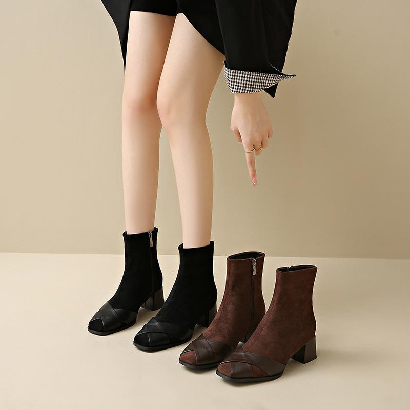 Square head short boots children thick heel 2025 new autumn and winter Martin boots temperament thin boots short tube thin elastic boots