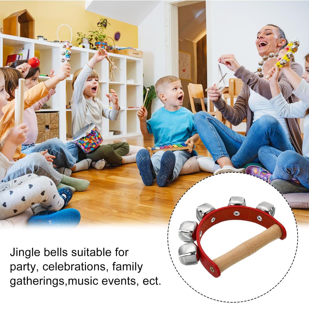 PATIKIL 6-Piece Jingle Bell Hand Bells, Handheld Wrist Bells, Wooden Percussion Instrument with 5 Bells, for Music Classes, Parties, and Christmas,