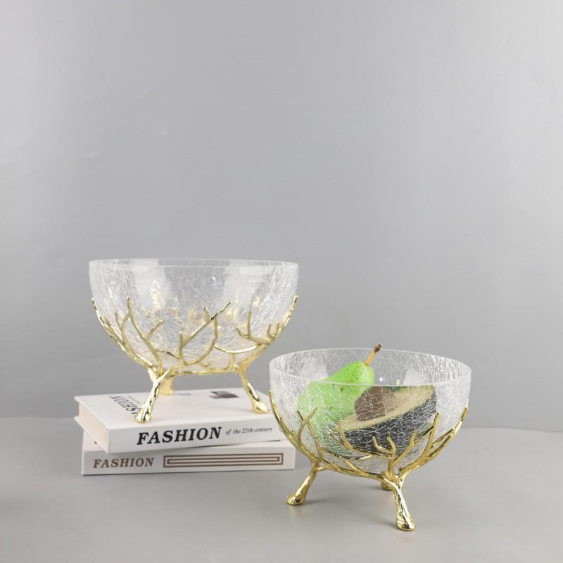 Modern Glass Fruit Bowl With Metal Tray Ice Crack Minimalist Dining Table Decor Restaurant Hotel Airbnb