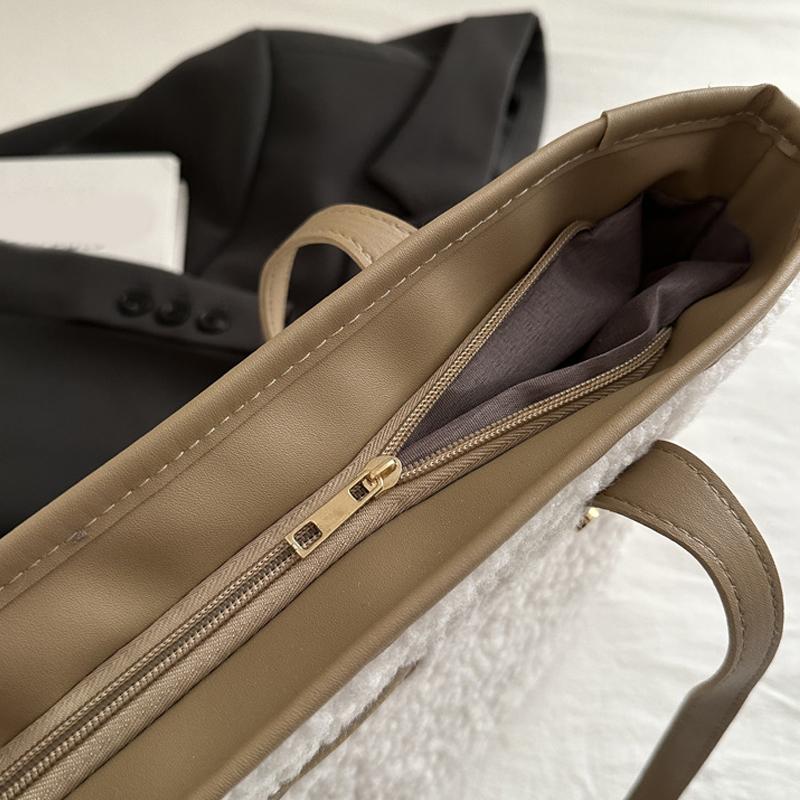 Bolsa de mão macia grande capacidade outono inverno bolsa de ombro feminina lã de cordeiro bolsa tote com zíper casual compras viagem tote