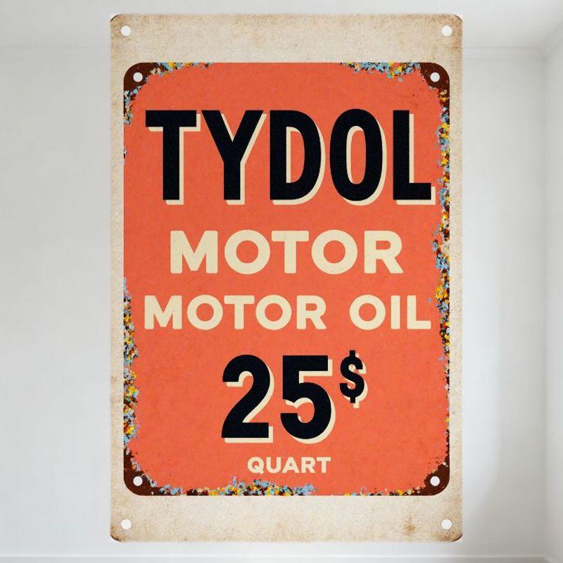 

DORA Tin Sign Vintage Tydol Motor Oil Metal Sign Distressed Coral Peach Background Floral Design Retro Midth Century Advertisement Tin Sign 20x30cm（7.8x11.8inch）
