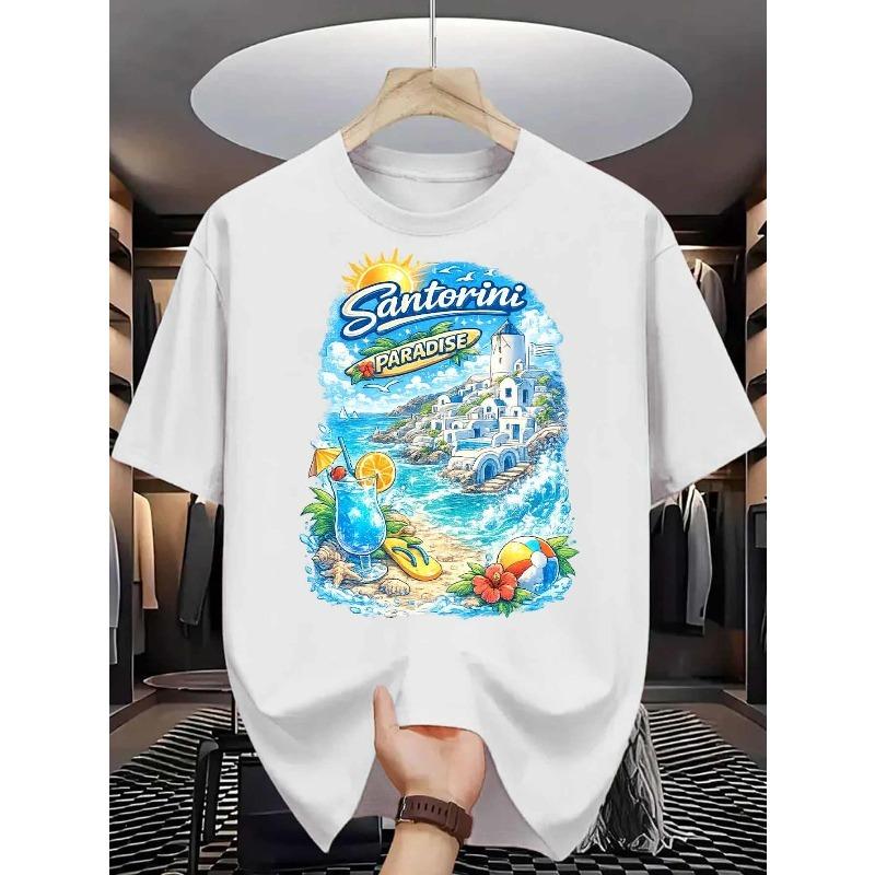

European Size Santorini Paradise Men s Cotton Shirt Greek Island Beach Summer Landscape Print Pattern Pure Cotton Premium Print Durable Casual Fashion S белый