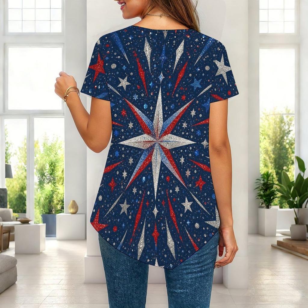 Women Plus Size Short Sleeve Asymmetric Hem Top Multi Point Star Sparkle Patriotic Print Blouse
